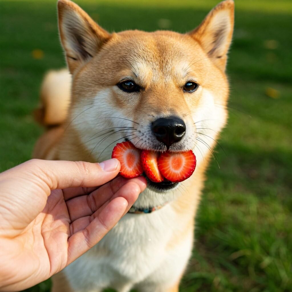 Dog Eating Sliced Strawberries