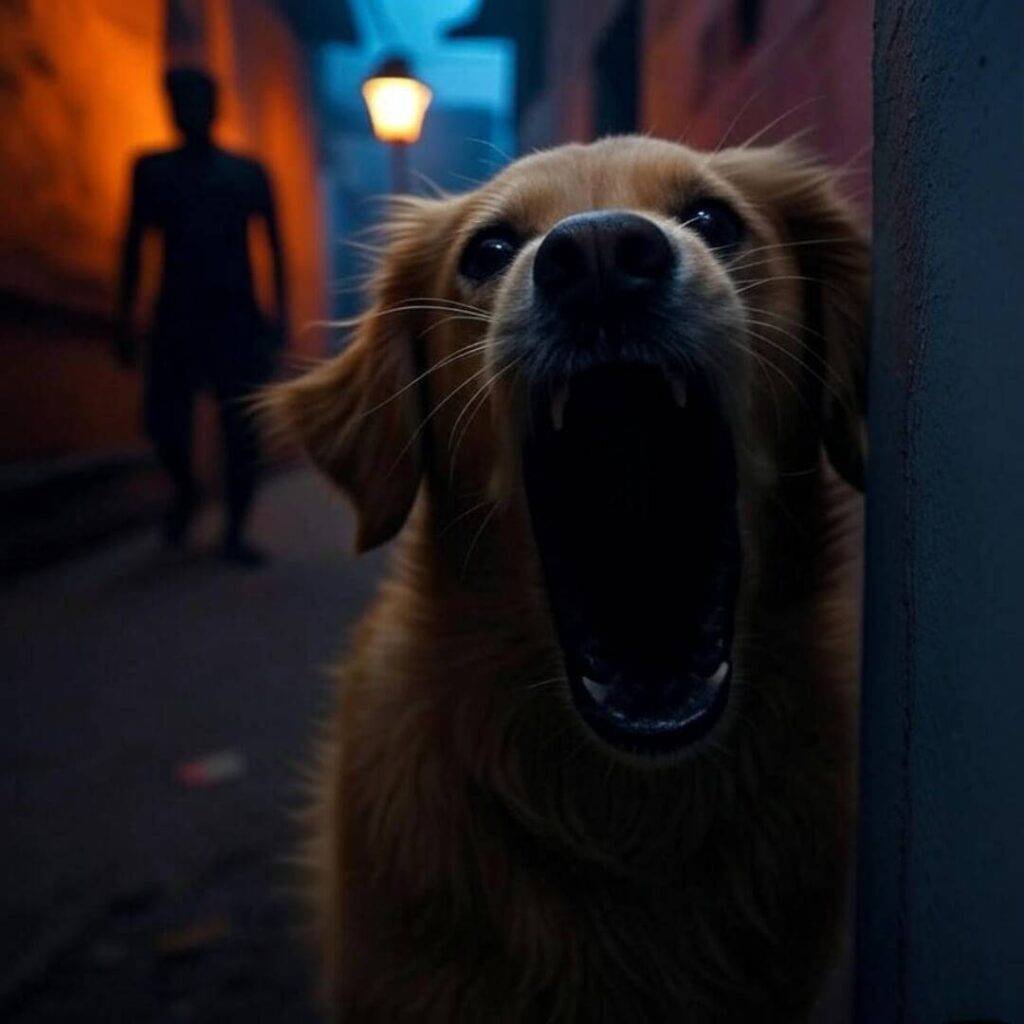 Golden Retriever barks at shadowy alley figure.