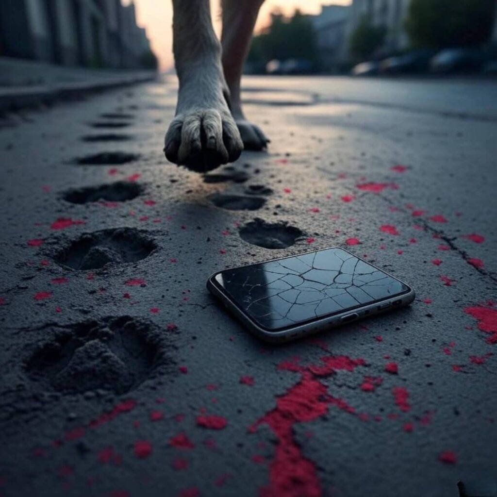 Muddy paw prints lead to cracked phone.