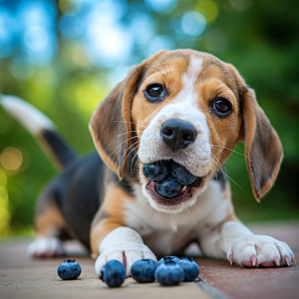 Happy Small Dog Eating Blueberries