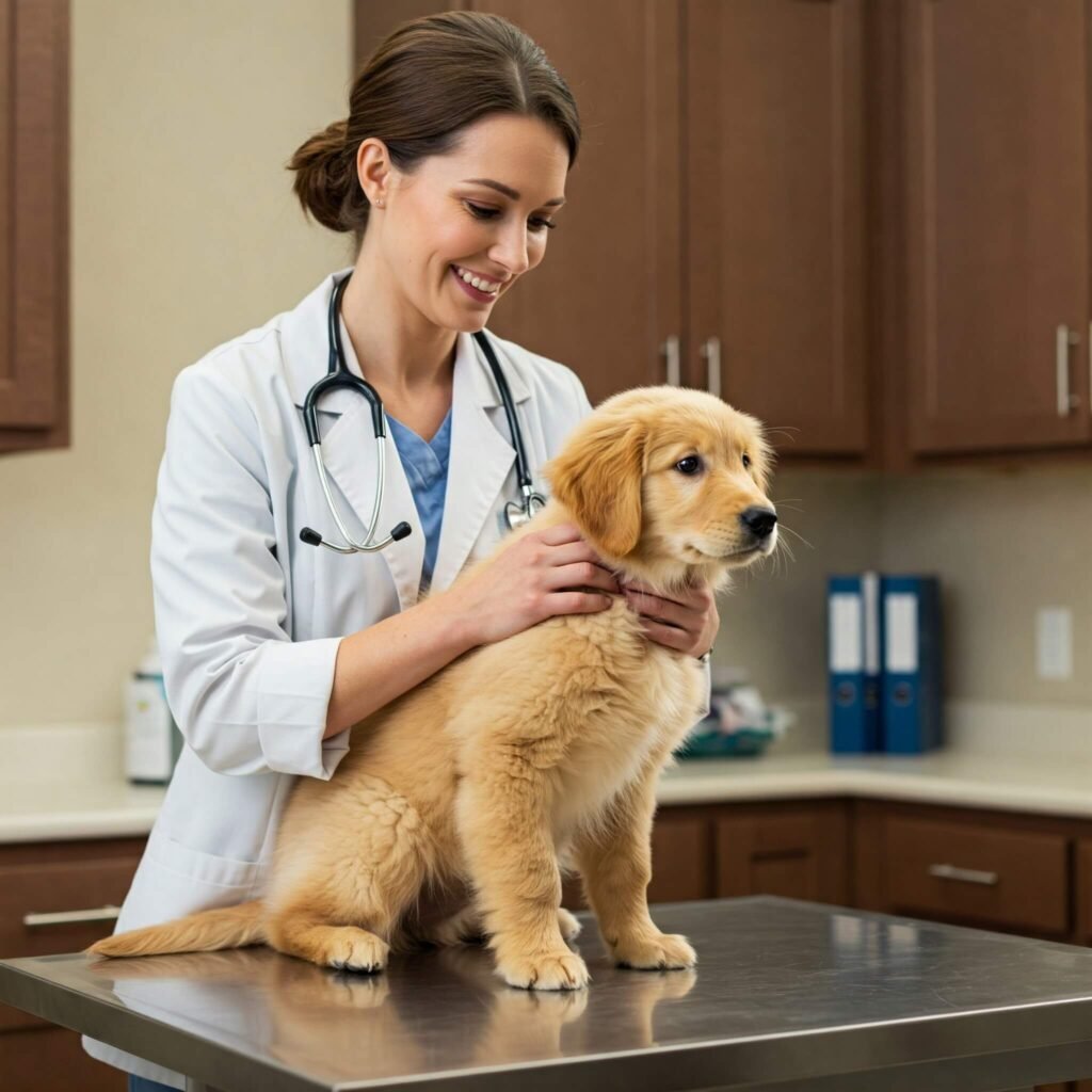 Caring vet with puppy