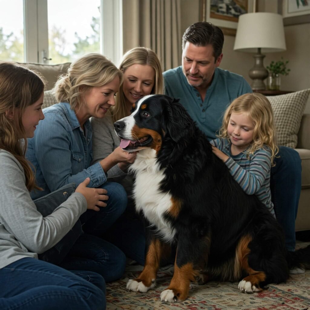 Bernese Mountain Dog cuddling with family.