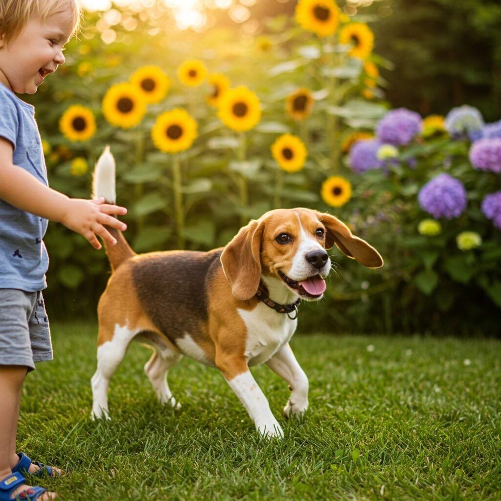 Curious Beagle playing with child in garden.